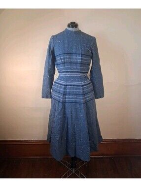 Vintage 1940s 1950s Wool Dress, Woven Blue Striped XS New Look Handmade W/Pocket